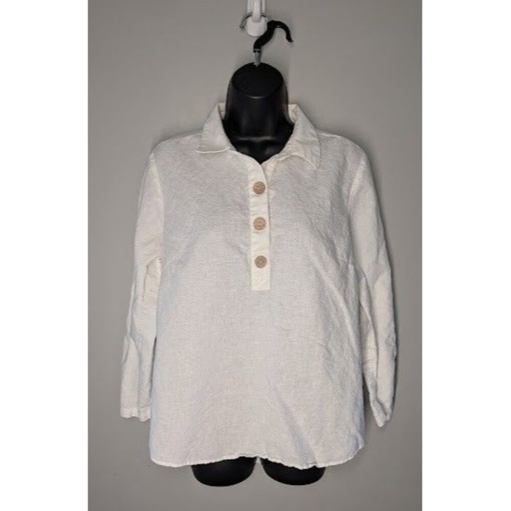 Ellen Tracy Size M 100% Linen White Roll Tab Sleeve Tunic Blouse Top
